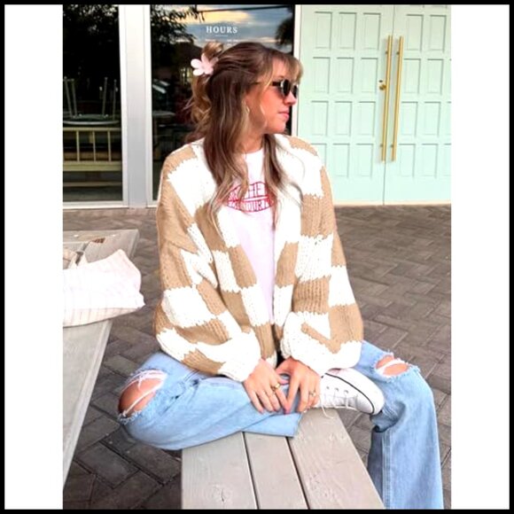 Cropped Cardigan Sweater Open Front Chunky Knit Oversized Women's - Picture 2 of 6